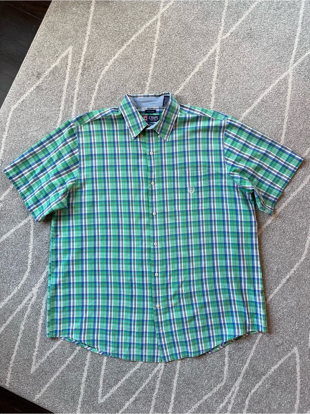 Chaps Vintage Green Plaid Cotton Poly Short Sleeve Button Down Shirt